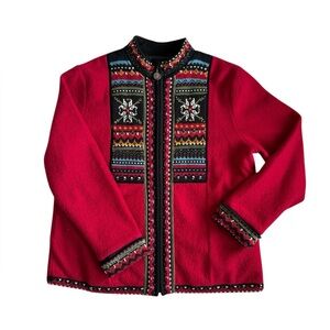 VTG Icelandic Design Jacket Women Size XL 100% Wool Cardigan Full Zip Red Aztec